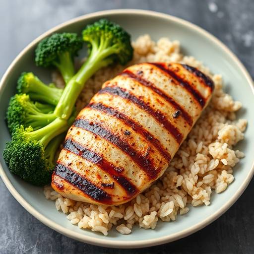 A balanced plate featuring grilled chicken, brown rice, and steamed broccoli