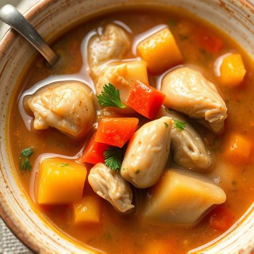 A bowl of hearty chicken stew with vegetables, suitable for seniors.