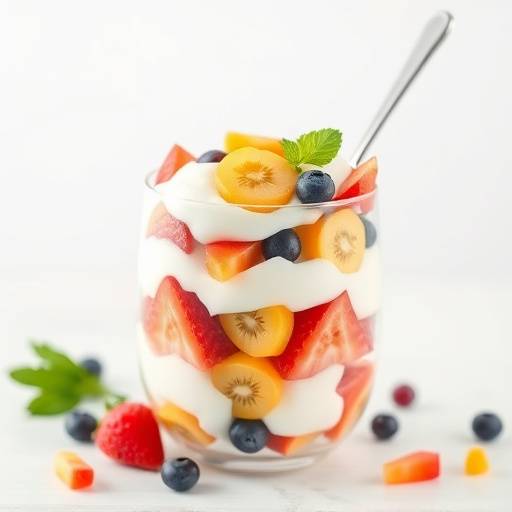 A colorful fruit and yogurt parfait in a glass, perfect for a healthy snack for seniors.