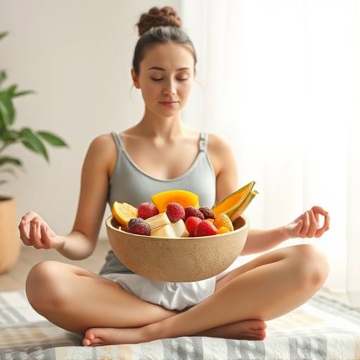 A person meditating peacefully before a meal with a bowl of fruit in front of them