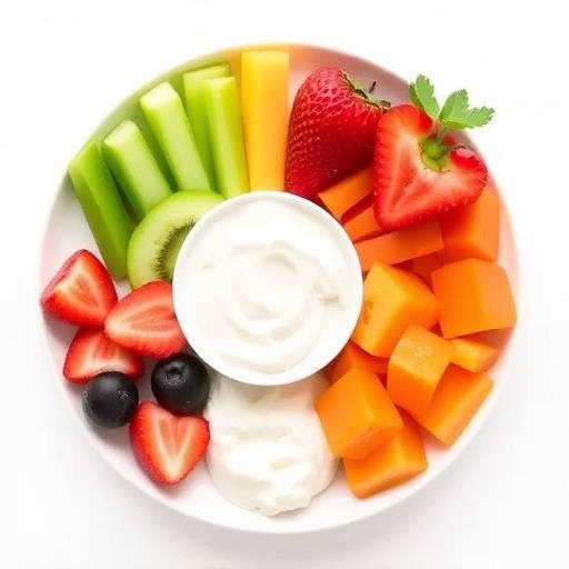 A selection of healthy snacks for kids, including fruit slices, vegetable sticks with hummus, and yogurt with berries, presented on a colorful plate
