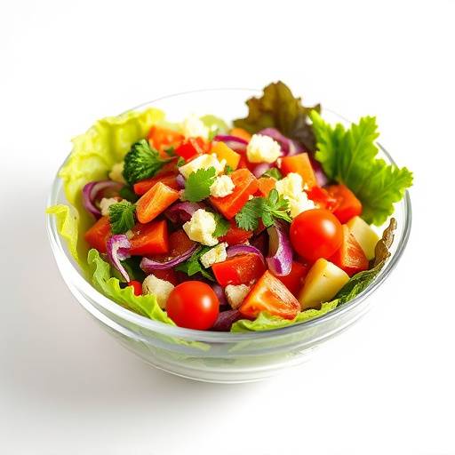A vibrant bowl of mixed salad with various vegetables, including lettuce, tomatoes, and cucumbers