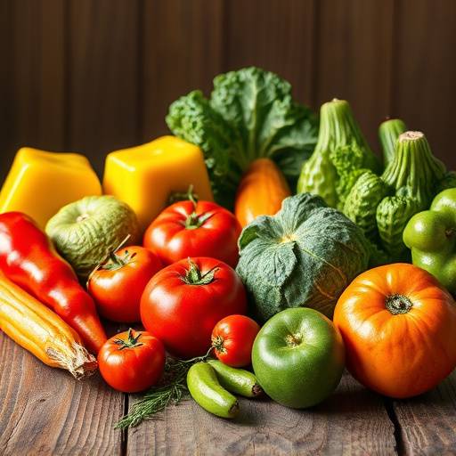 Assortment of colorful fruits and vegetables arranged on a wooden surface