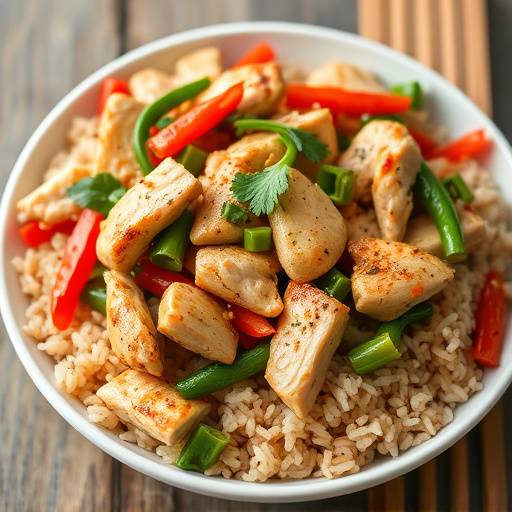 Chicken stir-fry with mixed vegetables and brown rice on a plate