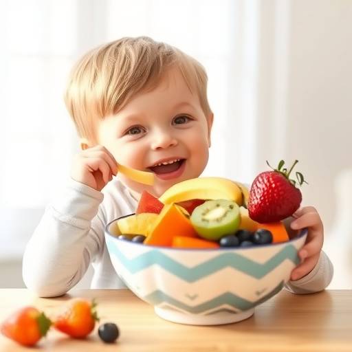 Child happily eating a bowl of fruit, highlighting the joy of healthy eating