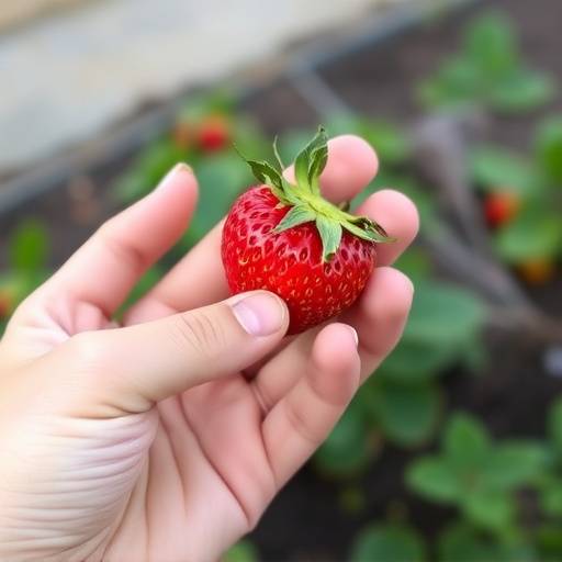 Close up of a person's hand gently holding a strawberry, showcasing mindful eating