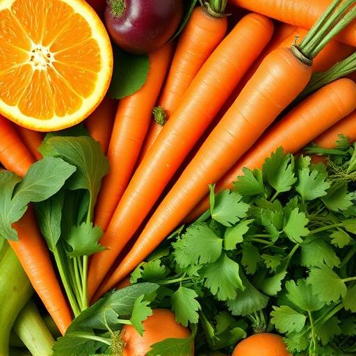 Collage of vitamin-rich foods: oranges, carrots, and leafy greens