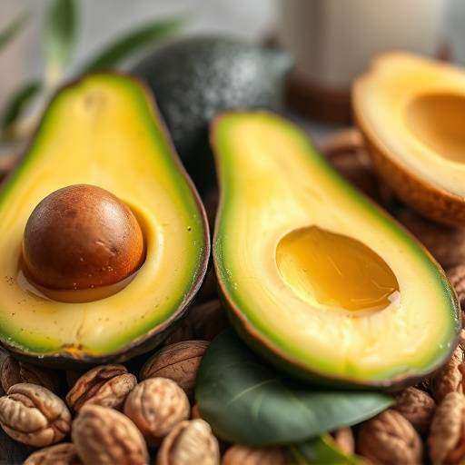 Display of healthy fats: avocados, nuts, and olive oil