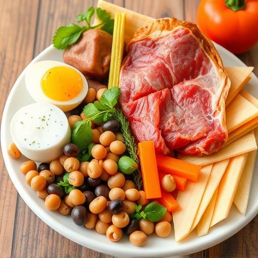 Image showcasing different protein sources: meat, eggs, and legumes
