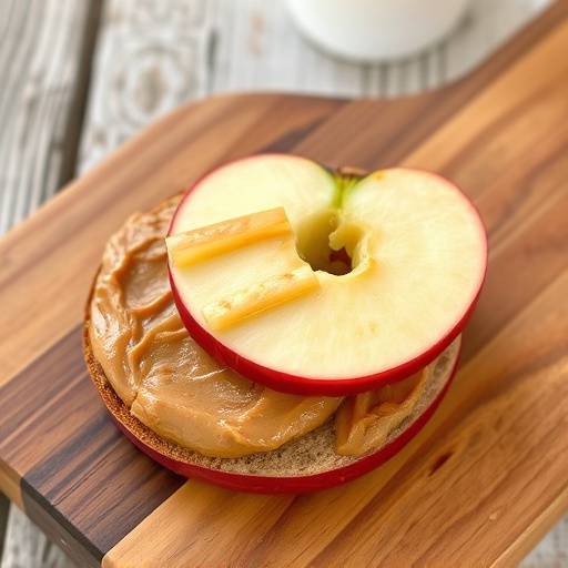 Sliced apple with peanut butter on a wooden board